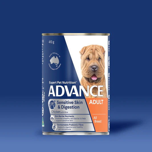 Wet Food – Adult Dog – Sensitive Skin & Digestion package in blue background
